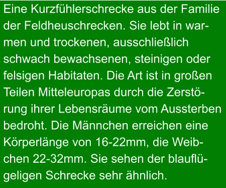 Eine Kurzfühlerschrecke aus der Familie der Feldheuschrecken. Sie lebt in war- men und trockenen, ausschließlich  schwach bewachsenen, steinigen oder  felsigen Habitaten. Die Art ist in großen  Teilen Mitteleuropas durch die Zerstö- rung ihrer Lebensräume vom Aussterben  bedroht. Die Männchen erreichen eine  Körperlänge von 16-22mm, die Weib- chen 22-32mm. Sie sehen der blauflü- geligen Schrecke sehr ähnlich.