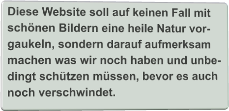 Diese Website soll auf keinen Fall mit schönen Bildern eine heile Natur vor- gaukeln, sondern darauf aufmerksam  machen was wir noch haben und unbe- dingt schützen müssen, bevor es auch  noch verschwindet.