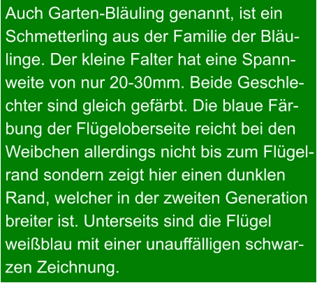 Auch Garten-Bläuling genannt, ist ein Schmetterling aus der Familie der Bläu- linge. Der kleine Falter hat eine Spann- weite von nur 20-30mm. Beide Geschle- chter sind gleich gefärbt. Die blaue Fär- bung der Flügeloberseite reicht bei den Weibchen allerdings nicht bis zum Flügel- rand sondern zeigt hier einen dunklen Rand, welcher in der zweiten Generation breiter ist. Unterseits sind die Flügel  weißblau mit einer unauffälligen schwar- zen Zeichnung.