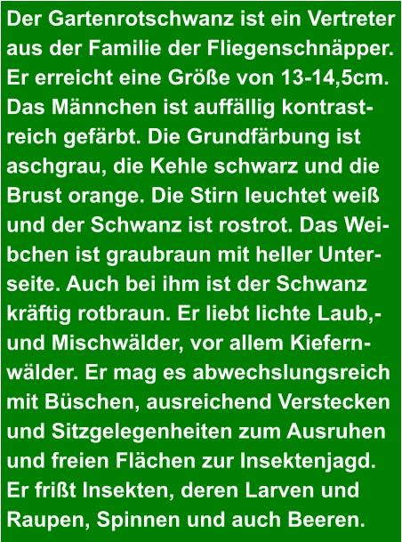 Der Gartenrotschwanz ist ein Vertreter  aus der Familie der Fliegenschnäpper.  Er erreicht eine Größe von 13-14,5cm.  Das Männchen ist auffällig kontrast- reich gefärbt. Die Grundfärbung ist  aschgrau, die Kehle schwarz und die  Brust orange. Die Stirn leuchtet weiß  und der Schwanz ist rostrot. Das Wei- bchen ist graubraun mit heller Unter- seite. Auch bei ihm ist der Schwanz  kräftig rotbraun. Er liebt lichte Laub,- und Mischwälder, vor allem Kiefern- wälder. Er mag es abwechslungsreich  mit Büschen, ausreichend Verstecken  und Sitzgelegenheiten zum Ausruhen  und freien Flächen zur Insektenjagd.  Er frißt Insekten, deren Larven und  Raupen, Spinnen und auch Beeren.