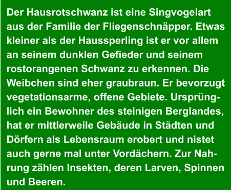 Der Hausrotschwanz ist eine Singvogelart  aus der Familie der Fliegenschnäpper. Etwas  kleiner als der Haussperling ist er vor allem  an seinem dunklen Gefieder und seinem  rostorangenen Schwanz zu erkennen. Die  Weibchen sind eher graubraun. Er bevorzugt  vegetationsarme, offene Gebiete. Ursprüng- lich ein Bewohner des steinigen Berglandes,  hat er mittlerweile Gebäude in Städten und  Dörfern als Lebensraum erobert und nistet  auch gerne mal unter Vordächern. Zur Nah- rung zählen Insekten, deren Larven, Spinnen  und Beeren.