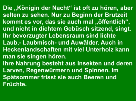 Die „Königin der Nacht“ ist oft zu hören, aber  selten zu sehen. Nur zu Beginn der Brutzeit  kommt es vor, das sie auch mal „öffentlich“,  und nicht in dichtem Gebüsch sitzend, singt.  Ihr bevorzugter Lebensraum sind lichte  Laub,- Laubmisch- und Auwälder. Auch in  Heckenlandschaften mit viel Unterholz kann  man sie singen hören. Ihre Nahrung besteht aus Insekten und deren  Larven, Regenwürmern und Spinnen. Im  Spätsommer frisst sie auch Beeren und  Früchte.