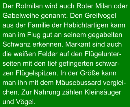 Der Rotmilan wird auch Roter Milan oder  Gabelweihe genannt. Den Greifvogel  aus der Familie der Habichtartigen kann  man im Flug gut an seinem gegabelten  Schwanz erkennen. Markant sind auch  die weißen Felder auf den Flügelunter- seiten mit den tief gefingerten schwar- zen Flügelspitzen. In der Größe kann  man ihn mit dem Mäusebussard verglei- chen. Zur Nahrung zählen Kleinsäuger  und Vögel.